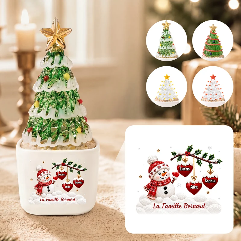Notre Famille Avec Bonhomme De Neige - Sapin De Noël En Verre Avec Pot Personnalisable